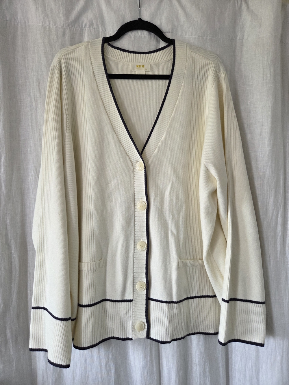 Anthropologie -Maeve | Cream V-Neck Cardigan with Navy Trim